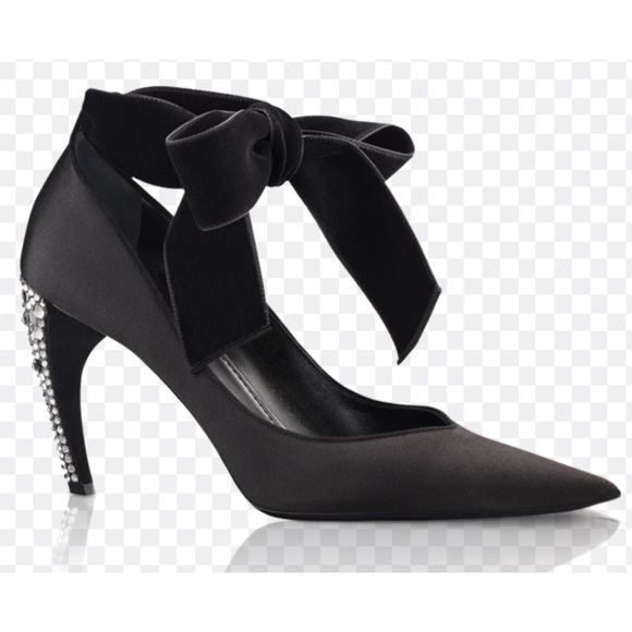 LOUIS VUITTON Black Satin Pointy Toe Velvet Bow Tie Nior Pumps Crystal Heels - Picture 16 of 17